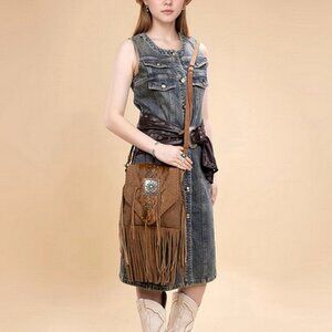 Montana West Fringe Hair-On Cowhide Crossbody - Brown